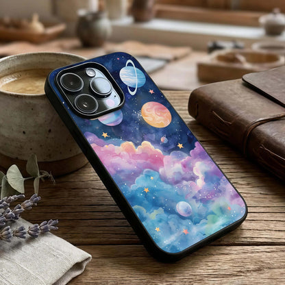 Cosmic Planet Dreams Glass Case captured at a warm angle highlighting planetary tones, gloss, and edge clarity.