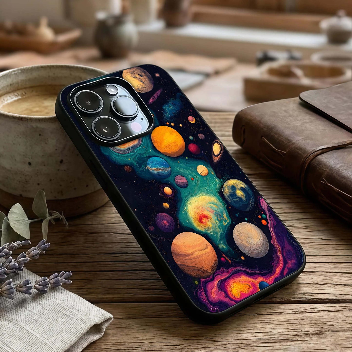 Cosmic Planet Journey Glass Case captured at a warm angle highlighting motion paths, gloss, and edge clarity.