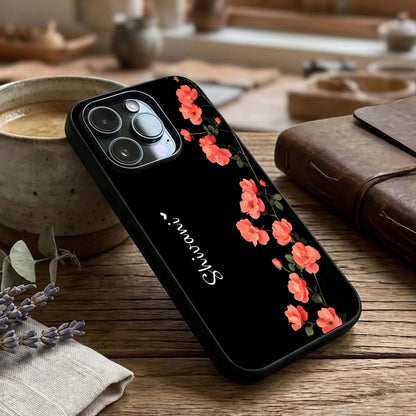 Crimson Bloom Grace Custom Name Glass Case captured at a warm angle highlighting refined petals, gloss, and edge clarity.