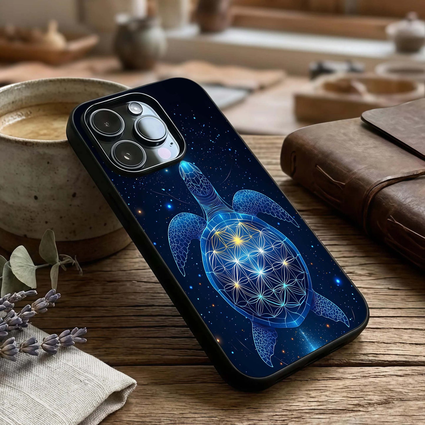 Crimson Blue Turtle Glass Case captured at a warm angle highlighting color contrast, gloss, and edge clarity.