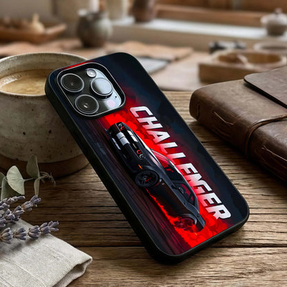 Crimson Challenger Fury Glass Case captured at a warm angle highlighting sharp lines, gloss, and edge clarity.