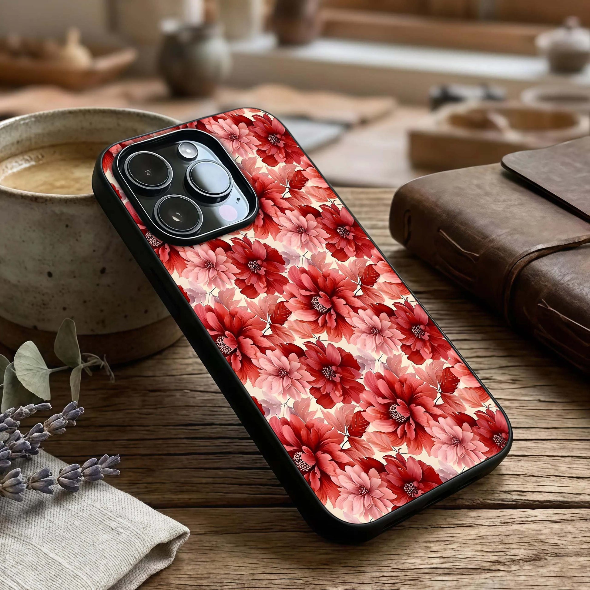 Crimson Love Petals Glass Case captured at a warm angle highlighting soft petals, gloss, and edge clarity.
