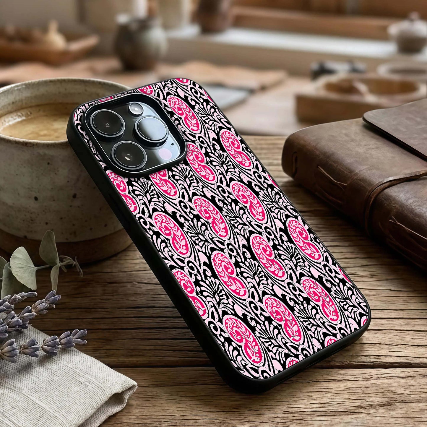 Crimson Paisley Charm Glass Case captured at a warm angle highlighting ornate patterns, gloss, and edge clarity.