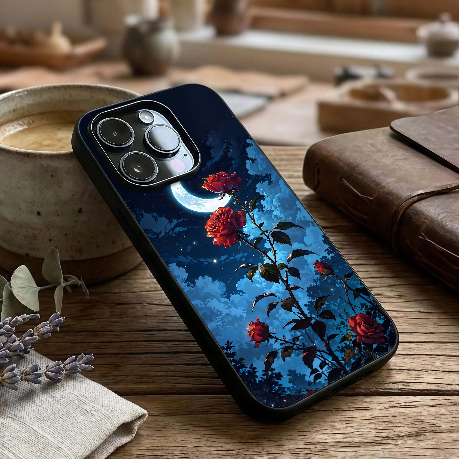 Crimson Rose Moon Glass Case captured at a warm angle highlighting soft moonlight tones, gloss, and edge clarity.