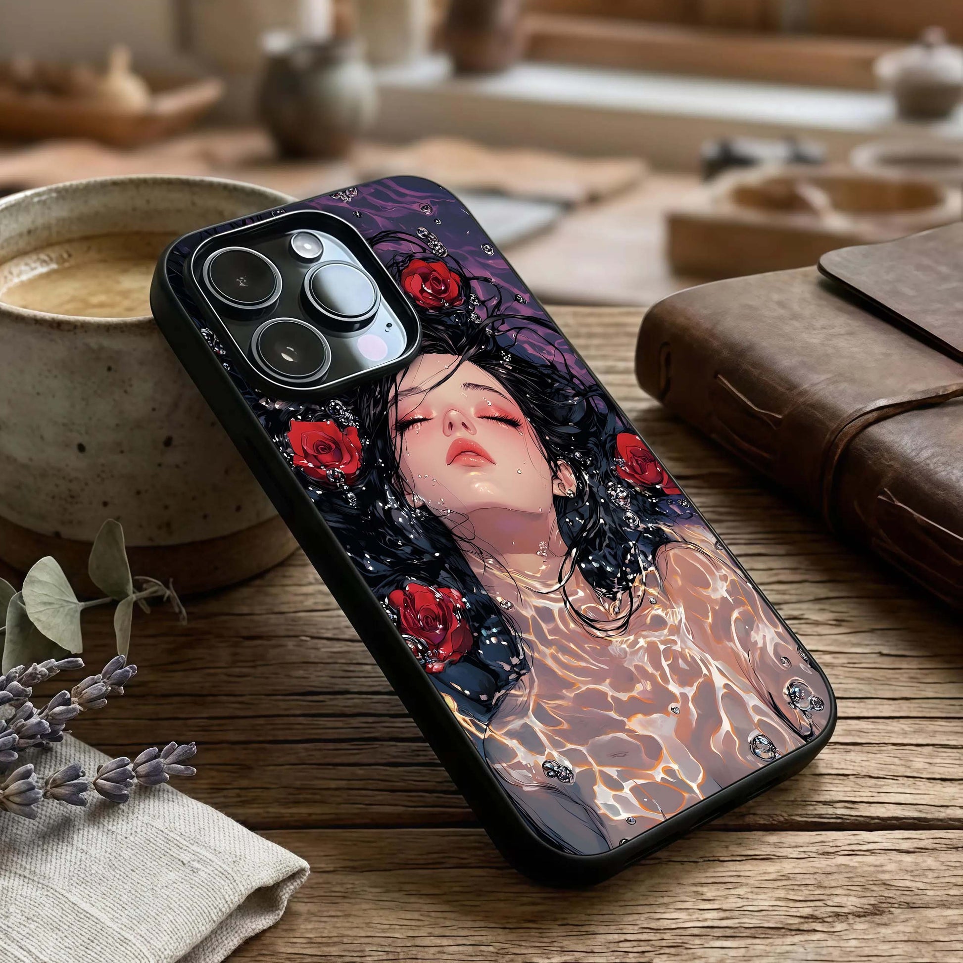 Crimson Rose Serenity Glass Case captured at a warm angle highlighting smooth petals, gloss, and edge clarity.