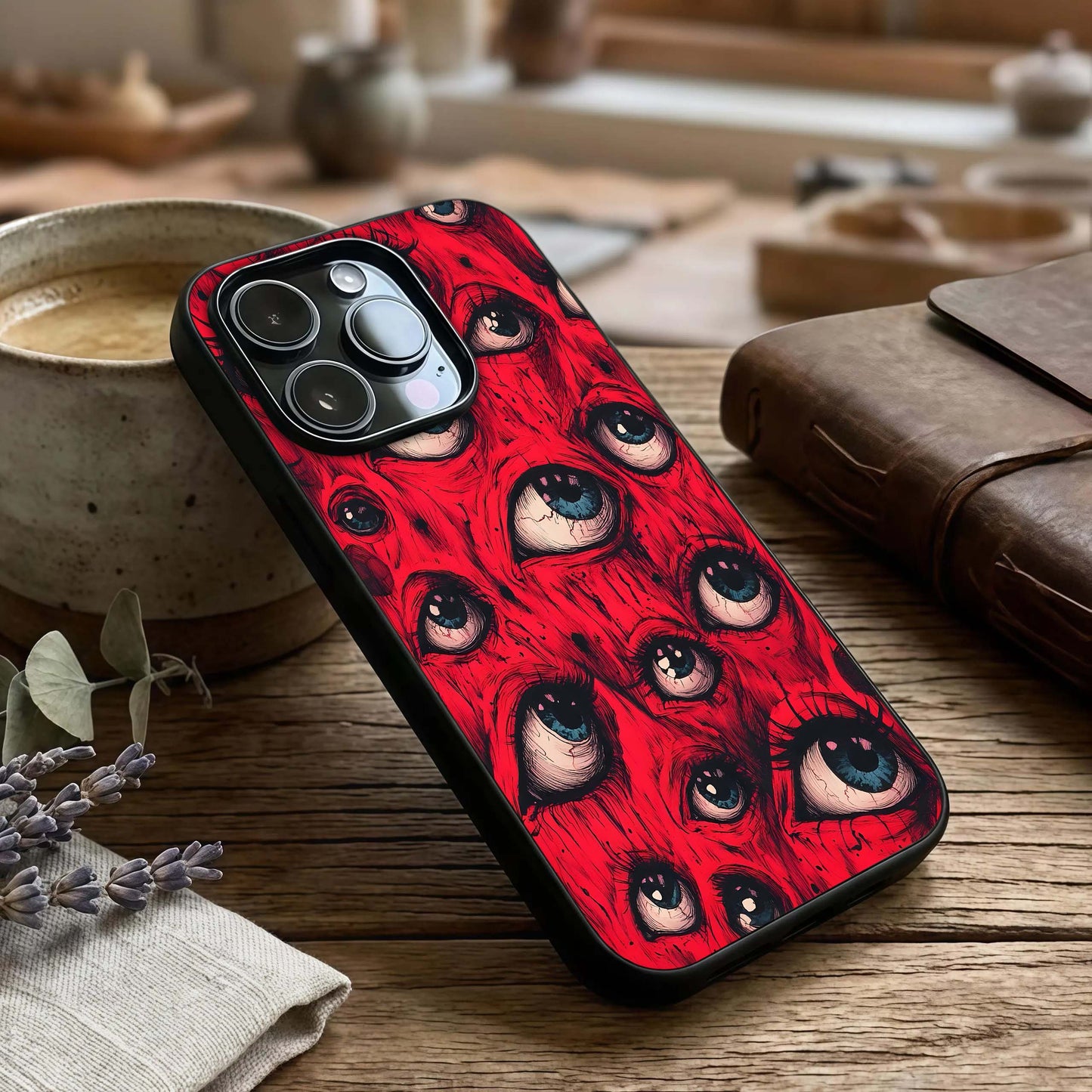 Crimson Watch Eyes Glass Case captured at a warm angle highlighting intense details, gloss, and edge clarity.