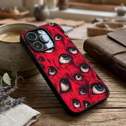 Crimson Watch Eyes Glass Case captured at a warm angle highlighting intense details, gloss, and edge clarity.