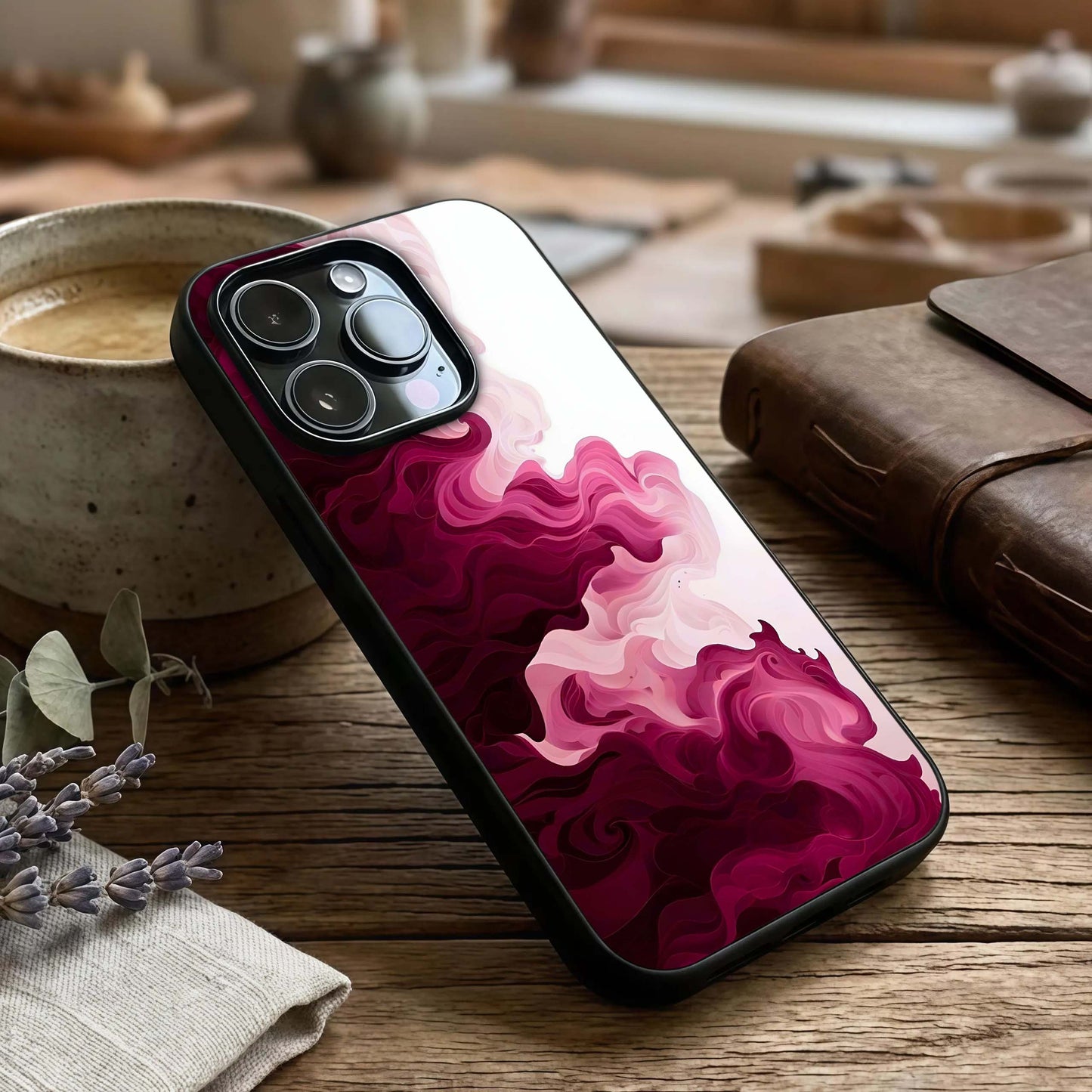 Crimson Wave Flow Glass Case captured at a warm angle highlighting fluid motion, gloss, and edge clarity.