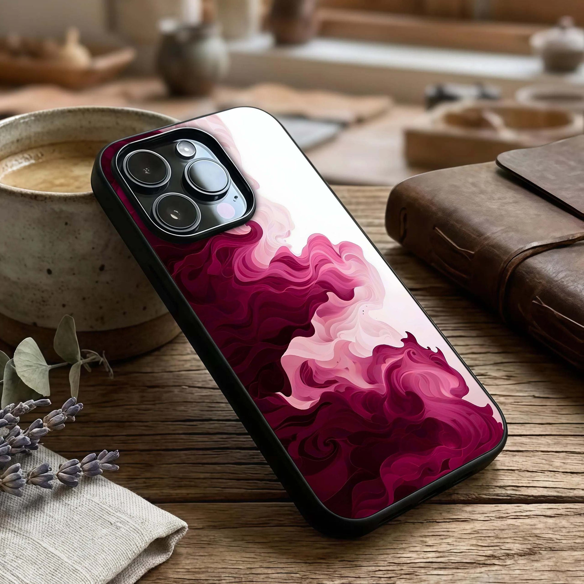 Crimson Wave Flow Glass Case captured at a warm angle highlighting fluid motion, gloss, and edge clarity.