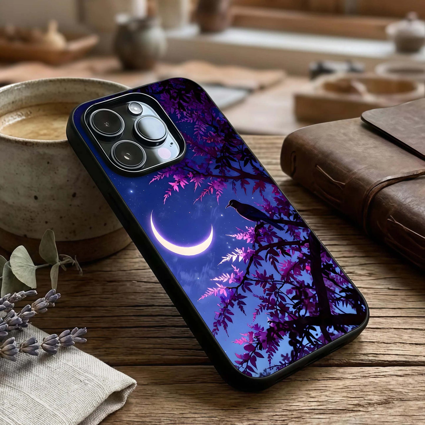 Crow & Moon Scenery Glass Case captured at a warm angle highlighting dark contrasts, gloss, and edge clarity.