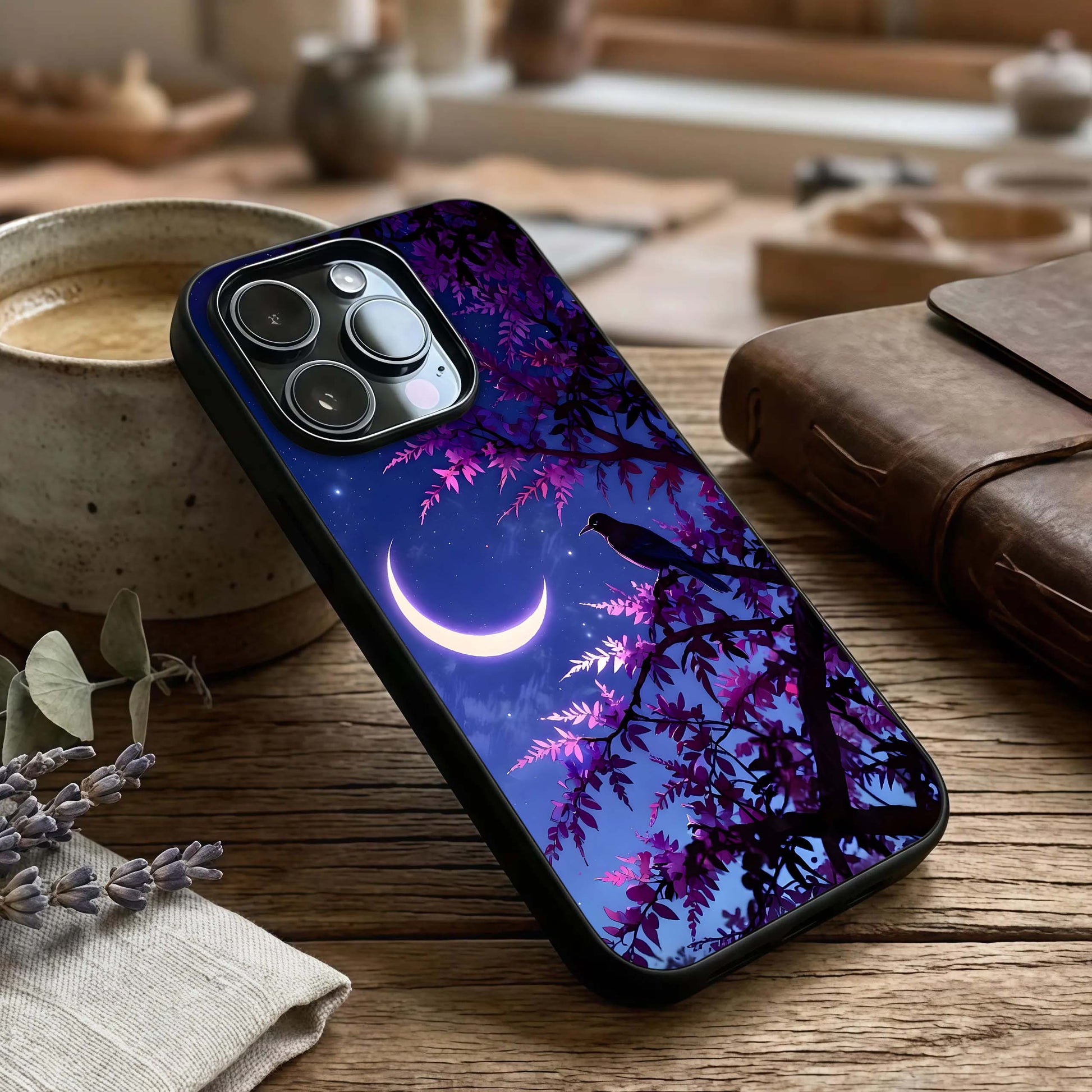 Crow & Moon Scenery Glass Case captured at a warm angle highlighting dark contrasts, gloss, and edge clarity.
