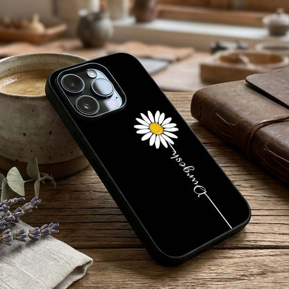 Custom Name White Flower Glass Case captured at a warm angle highlighting soft petals, gloss, and edge clarity.