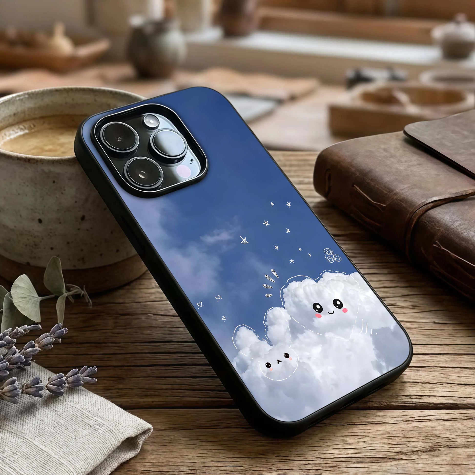 Cute Blossom Cloud Glass Case captured at a warm angle highlighting soft pastels, gloss, and edge clarity.