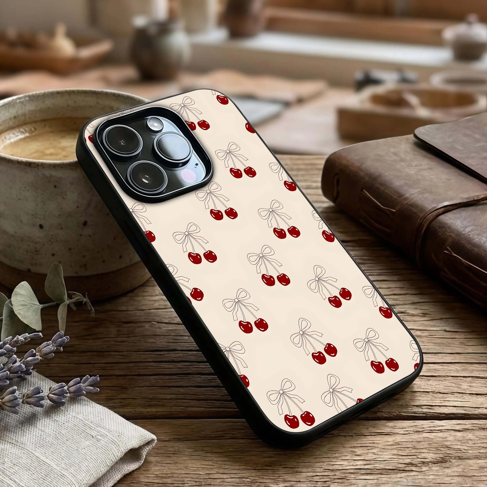 Cute Cherry Pattern Glass Case captured at a warm angle highlighting fun patterns, gloss, and edge clarity.