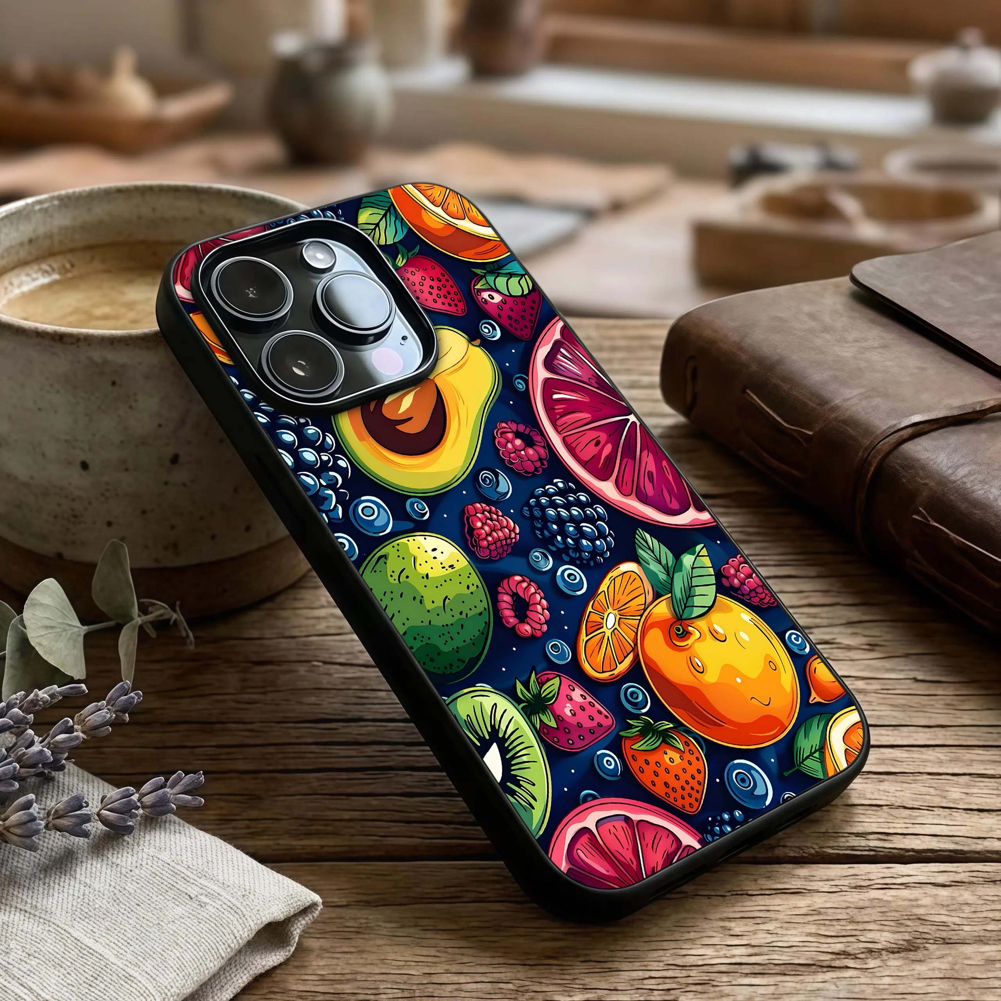 Cute Fruits Art Glass Case captured at a warm angle highlighting bright colors, gloss, and edge clarity.