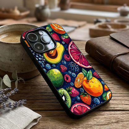 Cute Fruits Art Glass Case captured at a warm angle highlighting bright colors, gloss, and edge clarity.