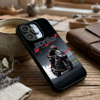 Dark Aprilla Glass Case captured at a warm angle highlighting moody textures, gloss, and edge clarity.