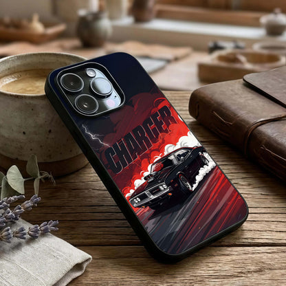 Dark Charger Fury Glass Case captured at a warm angle highlighting sharp motion lines, gloss, and edge clarity.