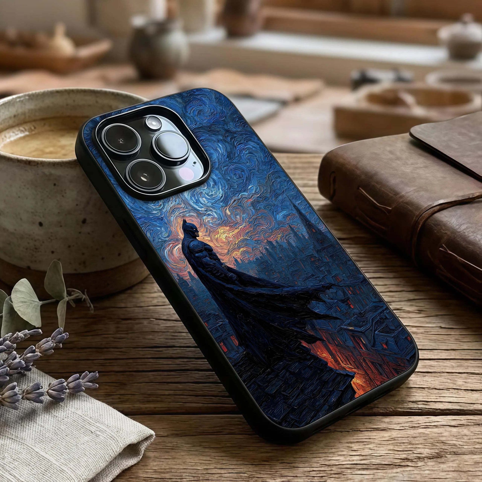 Dark Knight Dusk Glass Case captured at a warm angle highlighting dramatic shadows, gloss, and edge clarity.