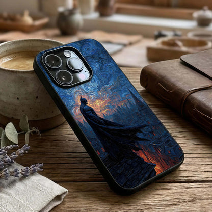 Dark Knight Dusk Glass Case captured at a warm angle highlighting dramatic shadows, gloss, and edge clarity.