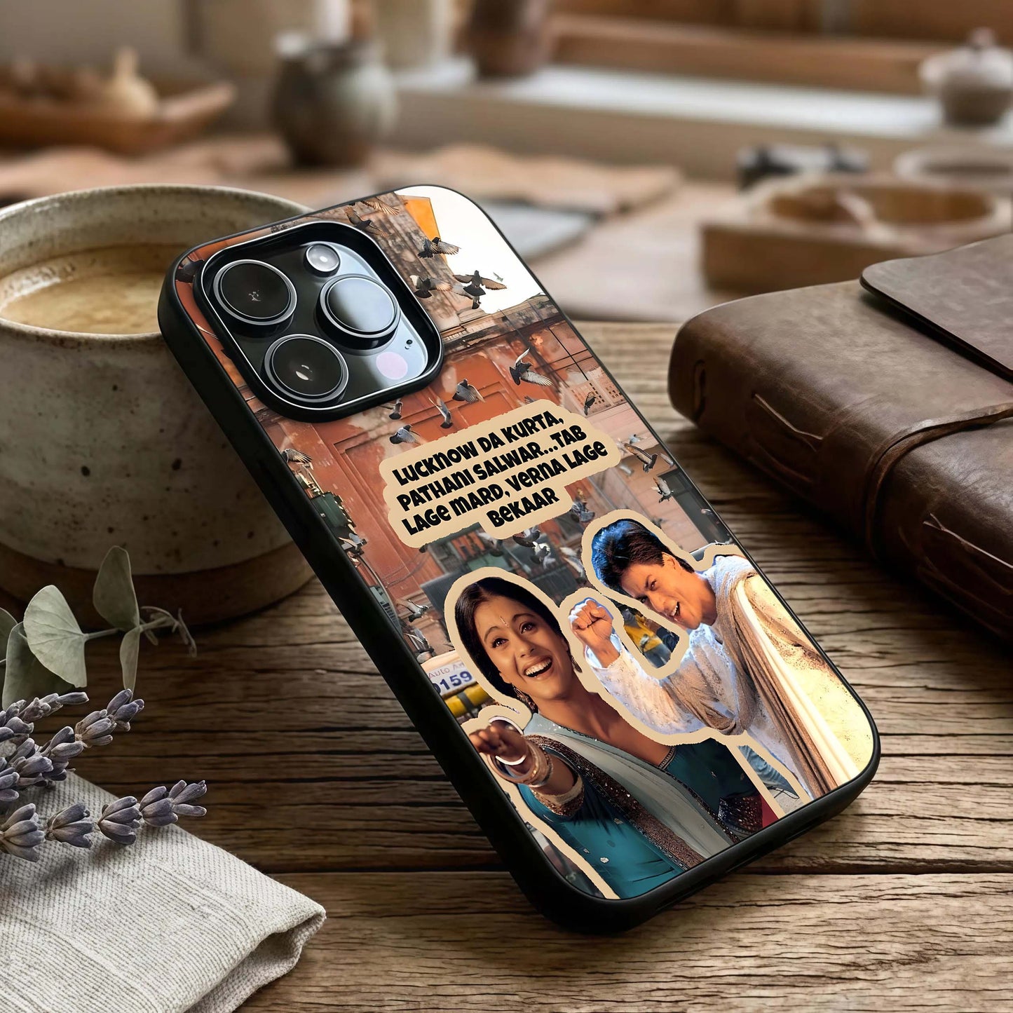 Desi Retro Vibes Glass Case captured at a warm angle highlighting retro tones, gloss, and edge clarity.