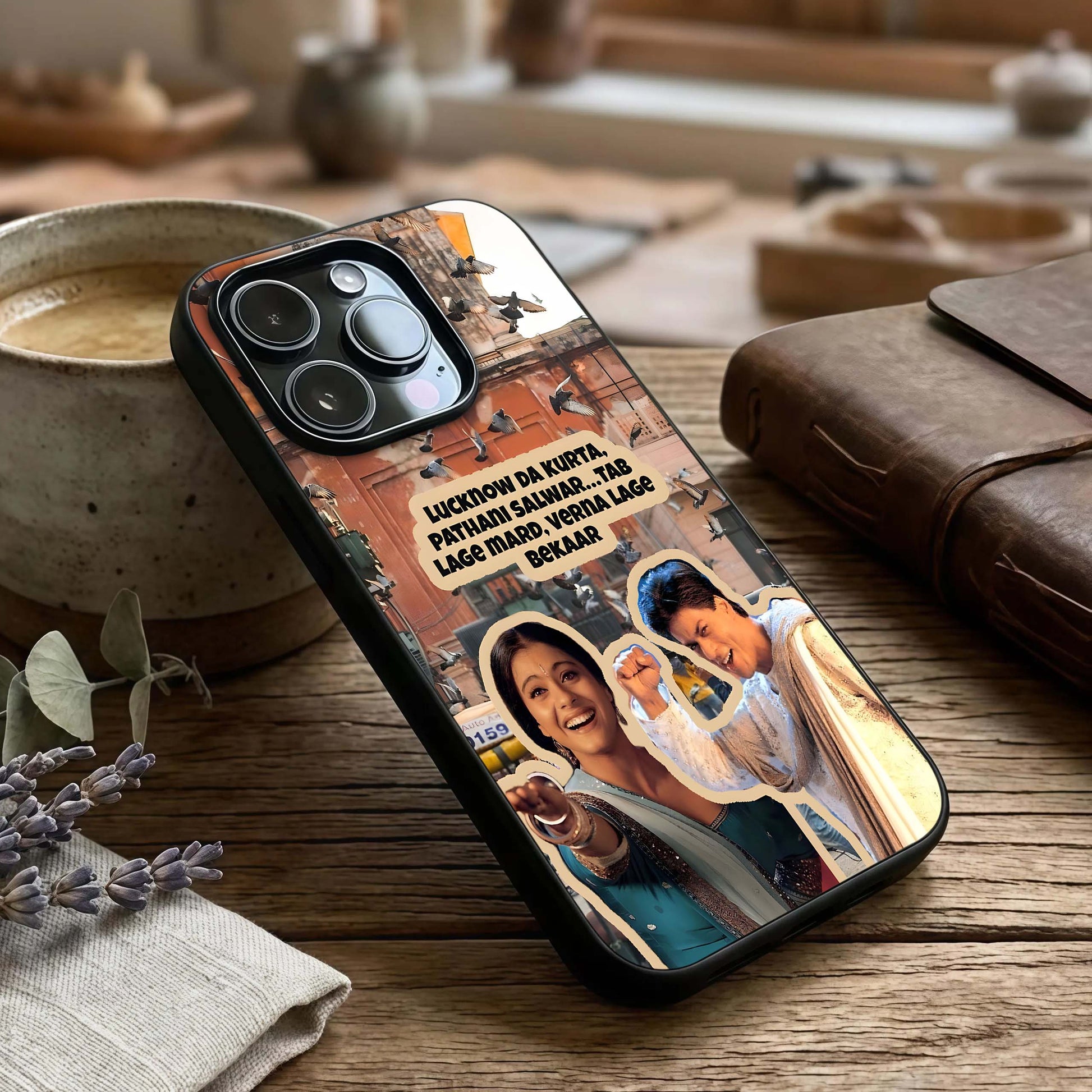 Desi Retro Vibes Glass Case captured at a warm angle highlighting retro tones, gloss, and edge clarity.