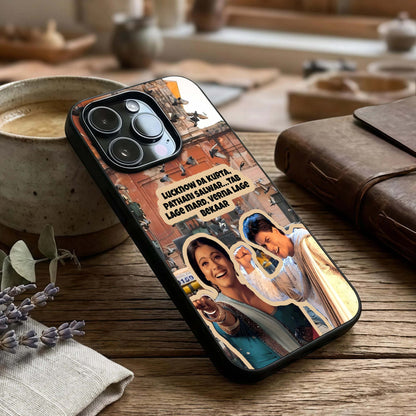 Desi Retro Vibes Glass Case captured at a warm angle highlighting retro tones, gloss, and edge clarity.