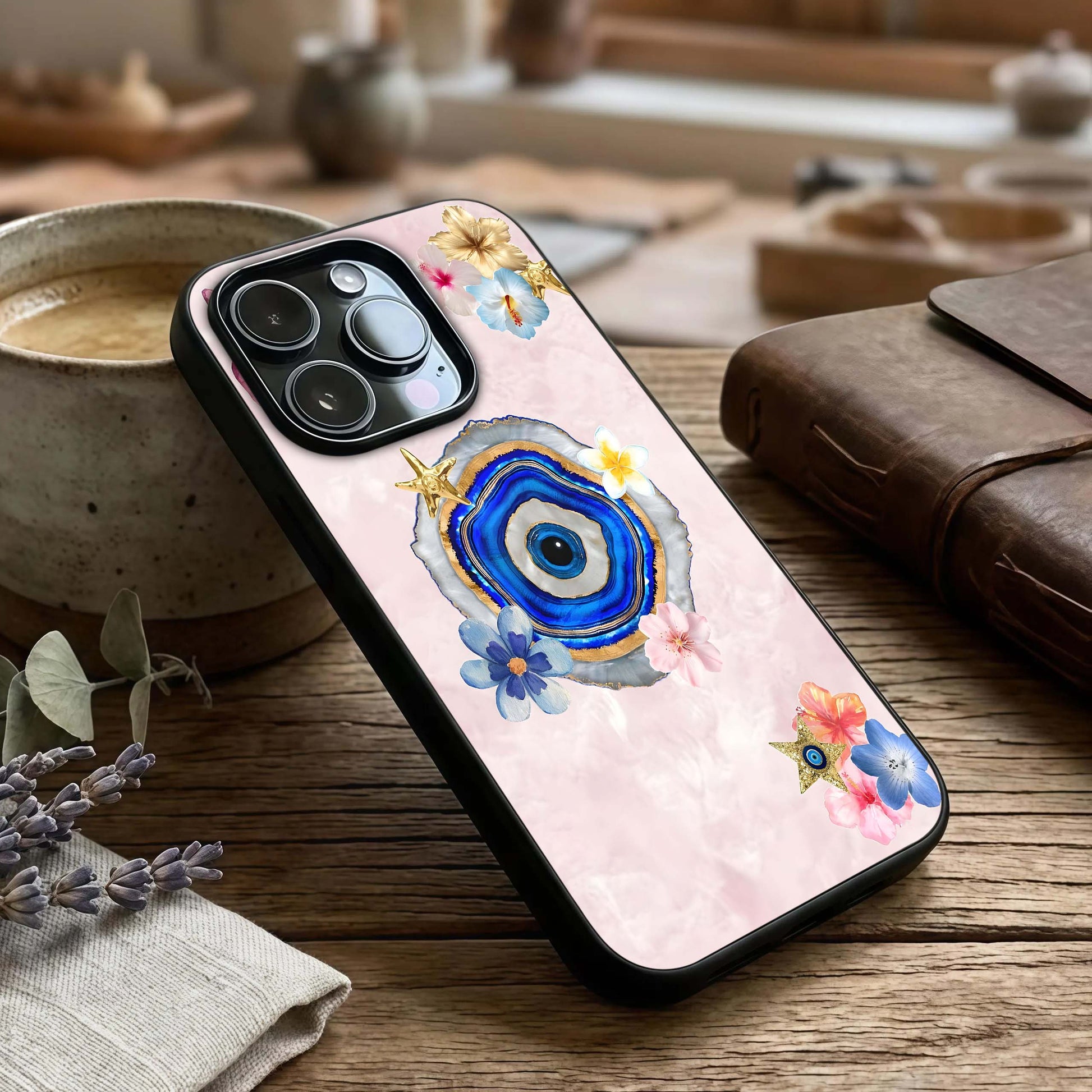 Divine Aura Bloom Glass Case captured at a warm angle highlighting glowing accents, gloss, and edge clarity.