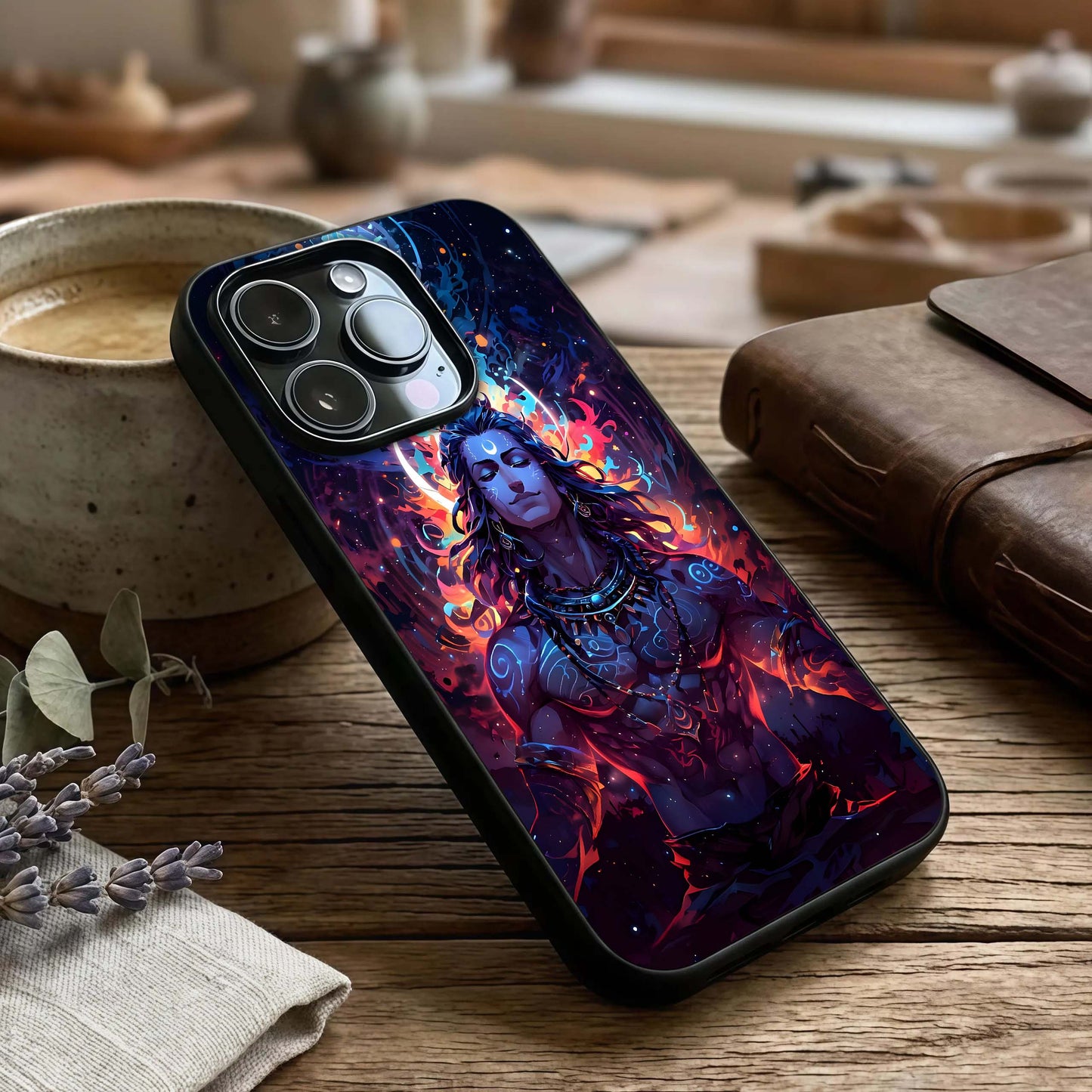 Divine Fire Shiv Glass Case captured at a warm angle highlighting fiery details, gloss, and edge clarity.