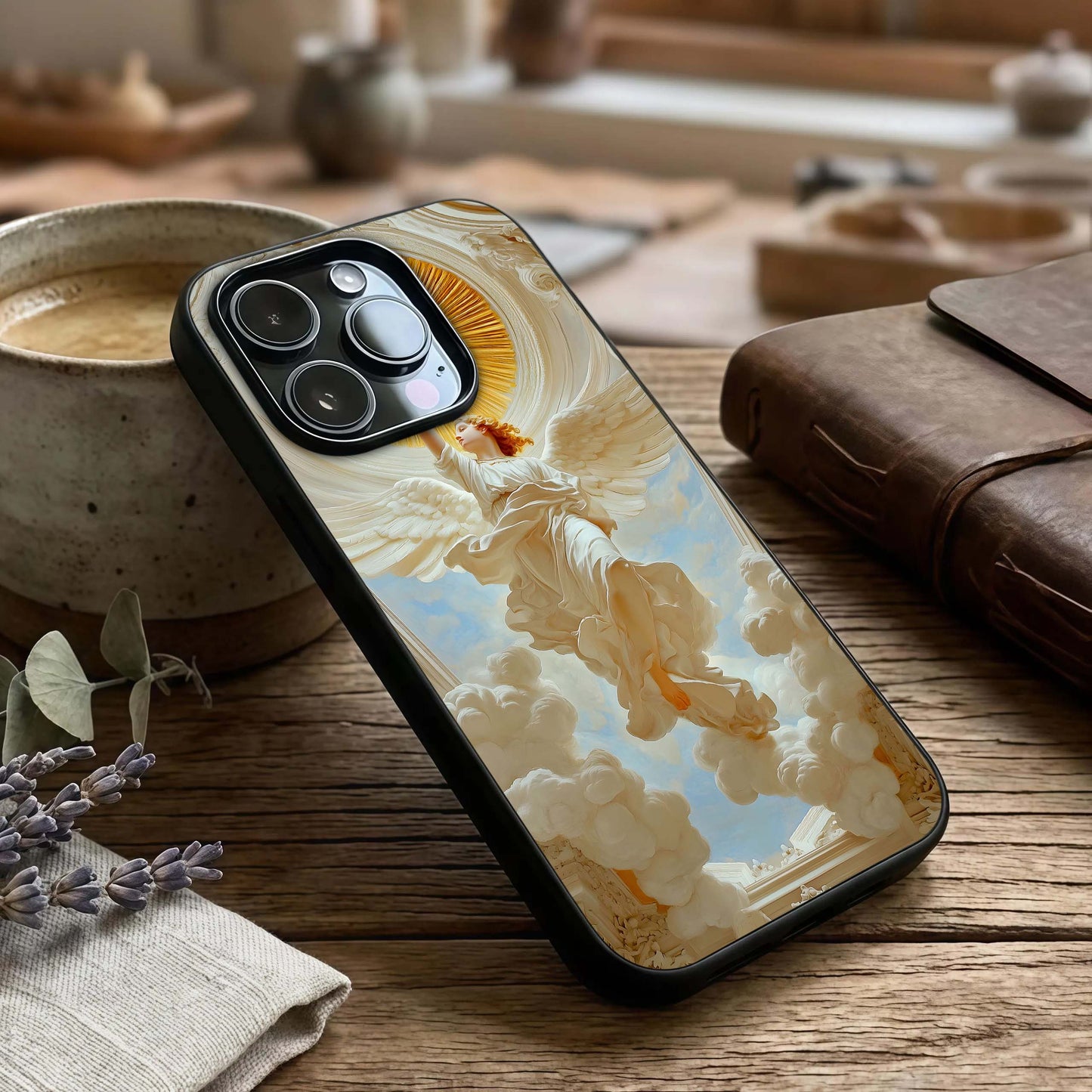 Divine Light Angel Glass Case captured at a warm angle highlighting soft glow, gloss, and edge clarity.