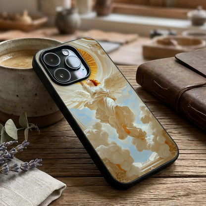 Divine Light Angel Glass Case captured at a warm angle highlighting soft glow, gloss, and edge clarity.