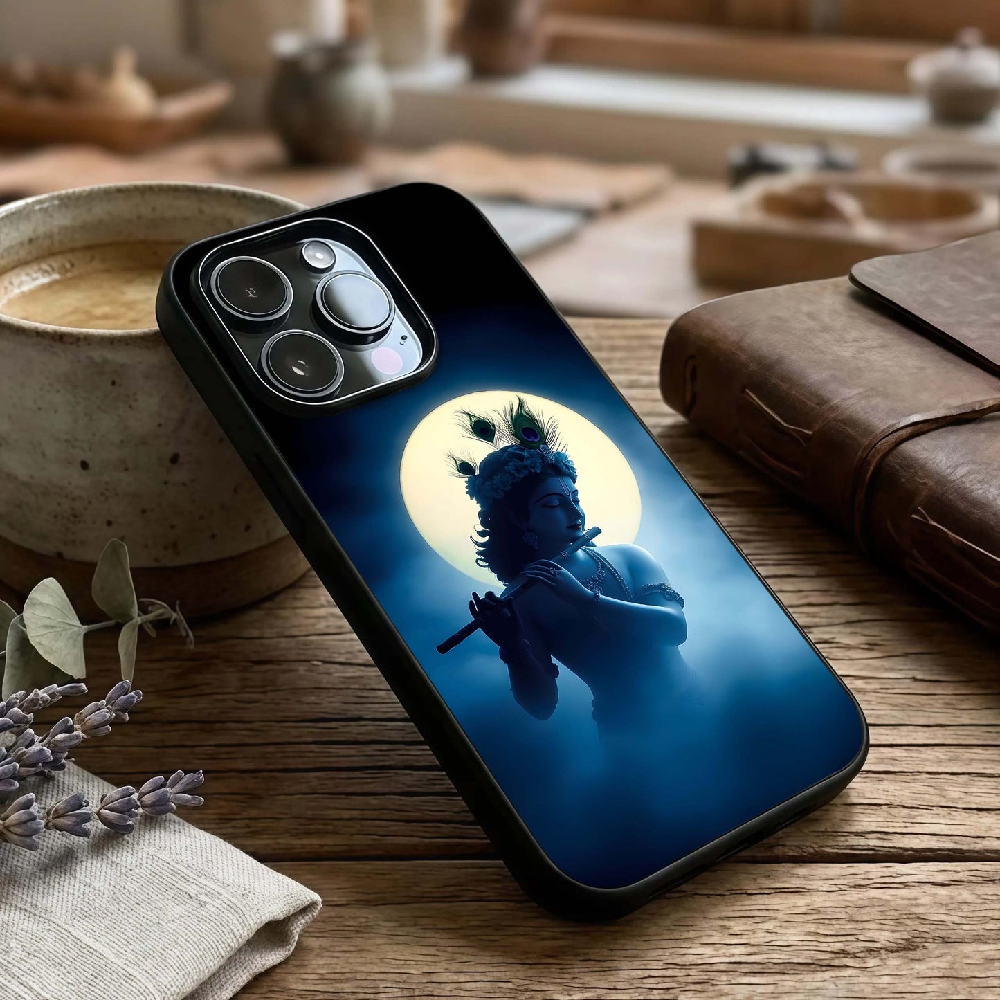 Divine Moon Flute Glass Case captured at a warm angle highlighting serene tones, gloss, and edge clarity.