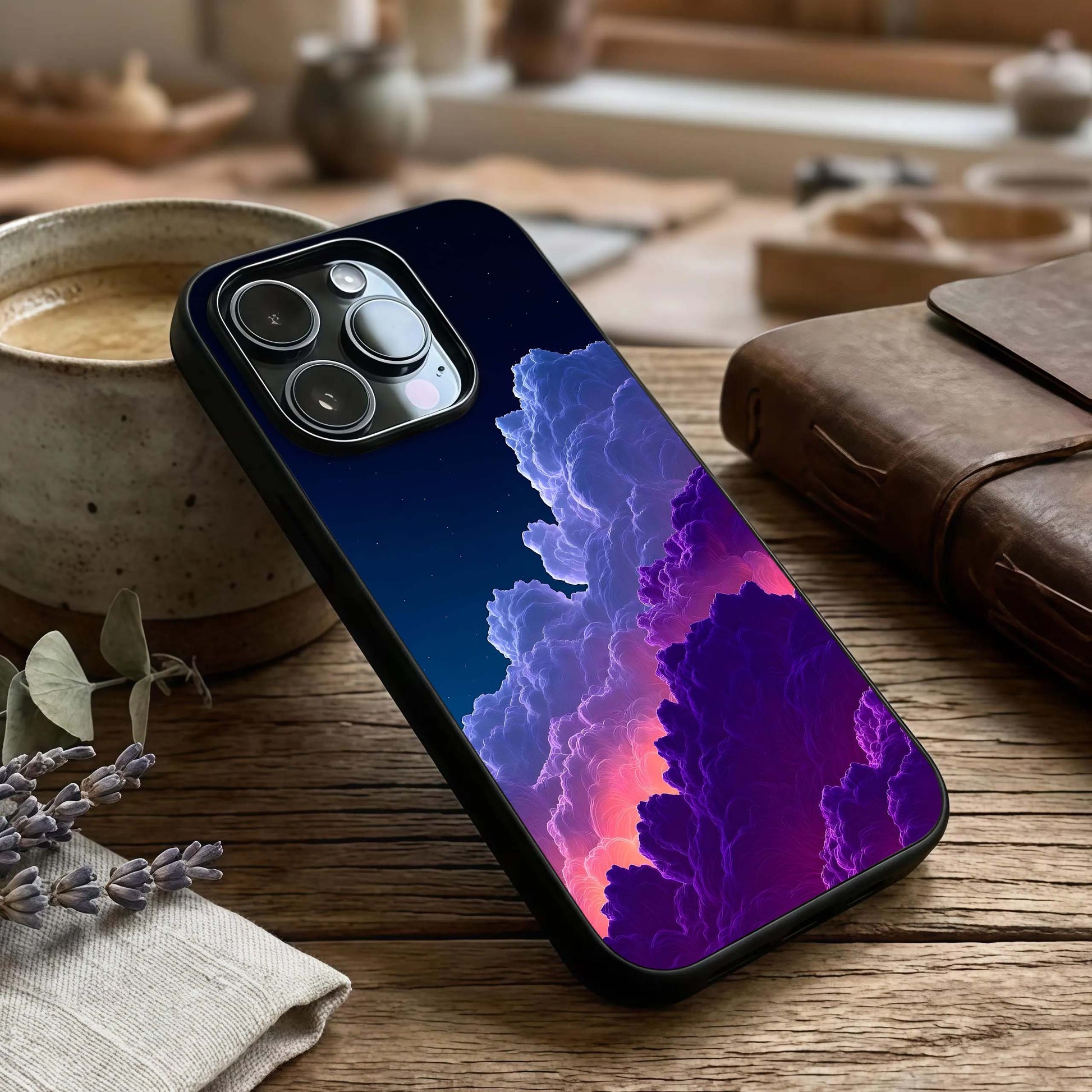 Dreamy Cloud Skies Glass Case captured at a warm angle highlighting airy textures, gloss, and edge clarity.