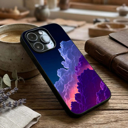 Dreamy Cloud Skies Glass Case captured at a warm angle highlighting airy textures, gloss, and edge clarity.