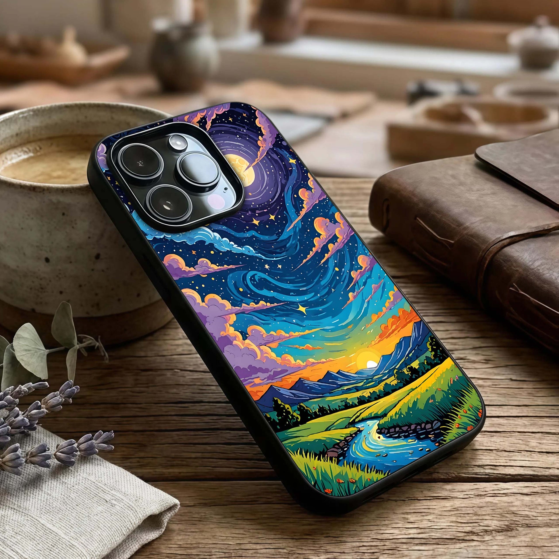 Dreamy Night Landscape Glass Case captured at a warm angle highlighting soft night tones, gloss, and edge clarity.