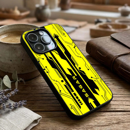 Electric Pulse Cyberpunk Custom Name Glass Case captured at a warm angle highlighting neon pulse lines, gloss, and edge clarity.