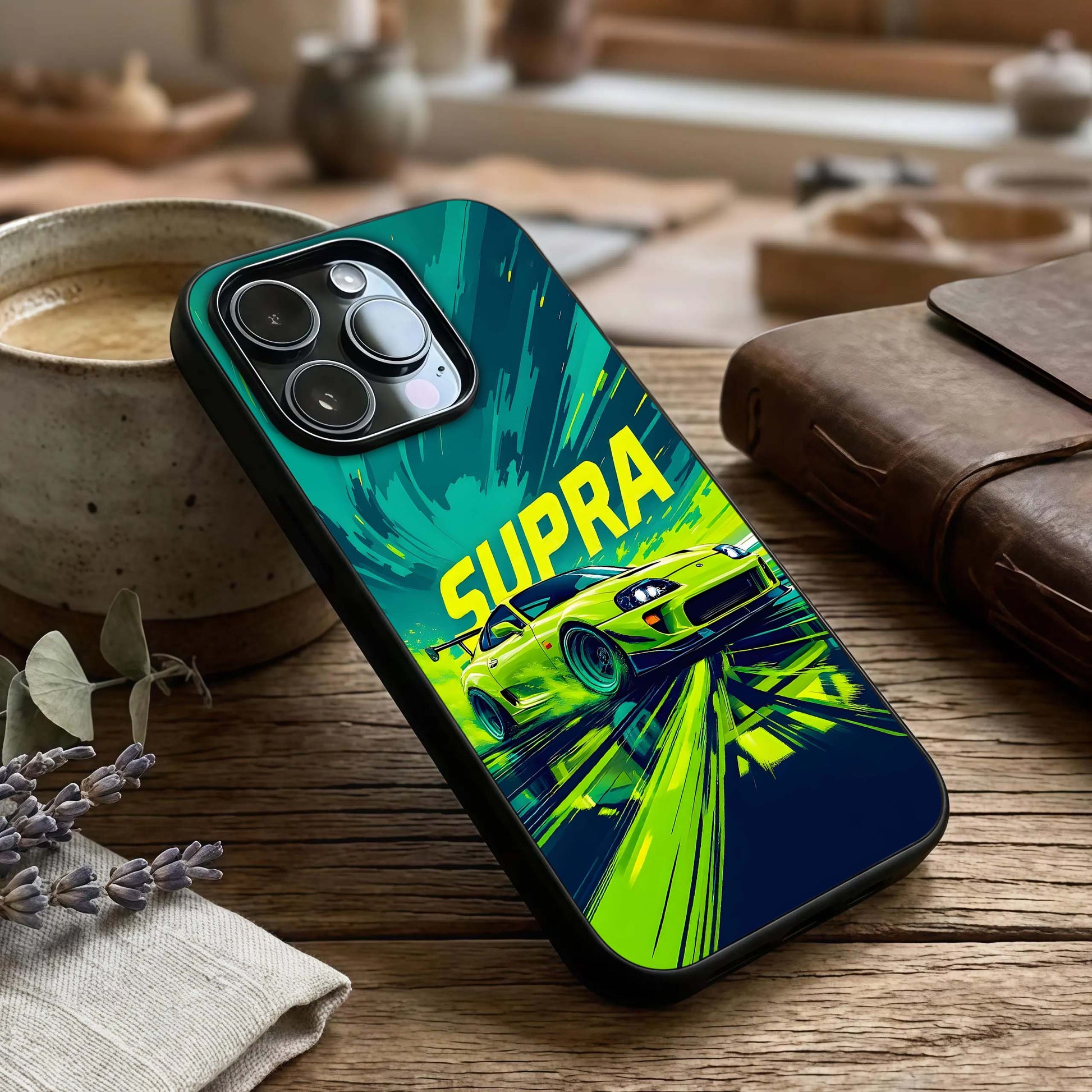 Electric Supra Thunder Glass Case captured at a warm angle highlighting lightning details, gloss, and edge clarity.
