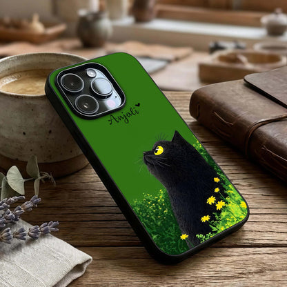 Emerald Cat Custom Name Glass Case captured at a warm angle highlighting smooth textures, gloss, and edge clarity.