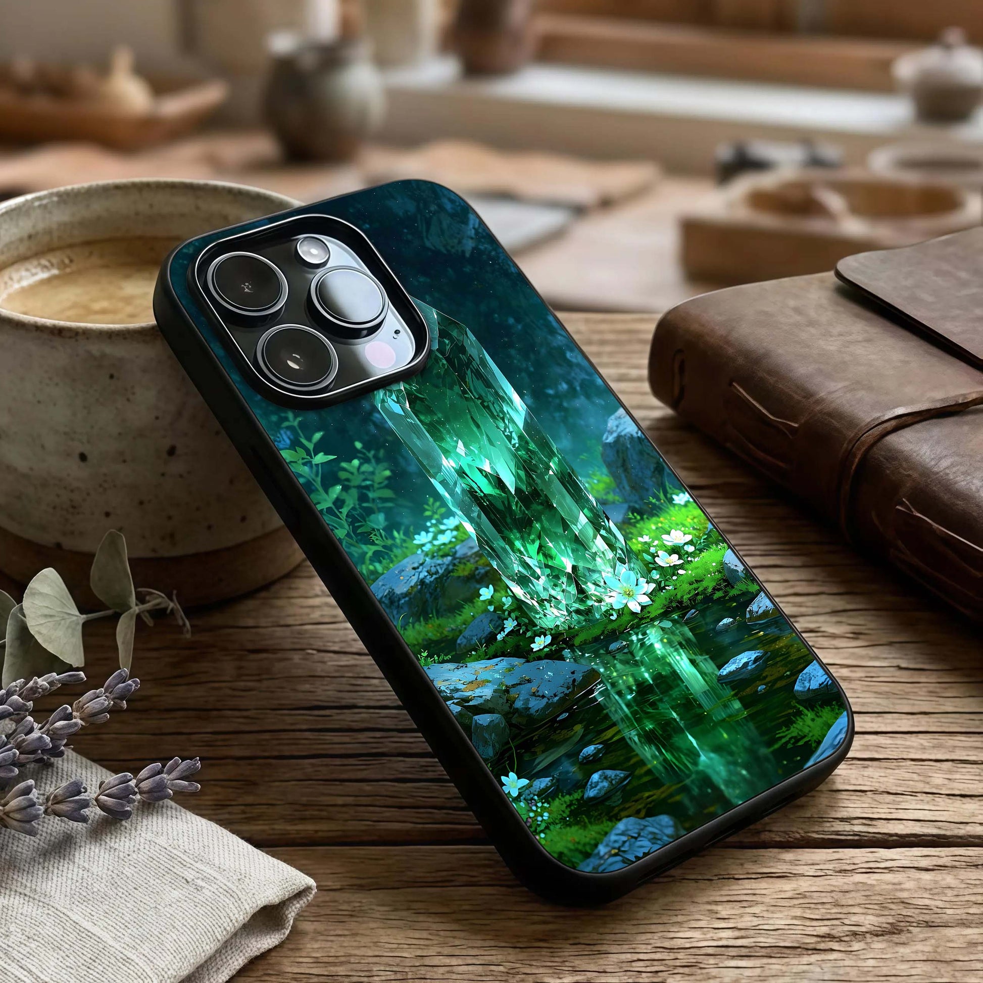 Emerald Light Crystal Glass Case captured at a warm angle highlighting luminous facets, gloss, and edge clarity.