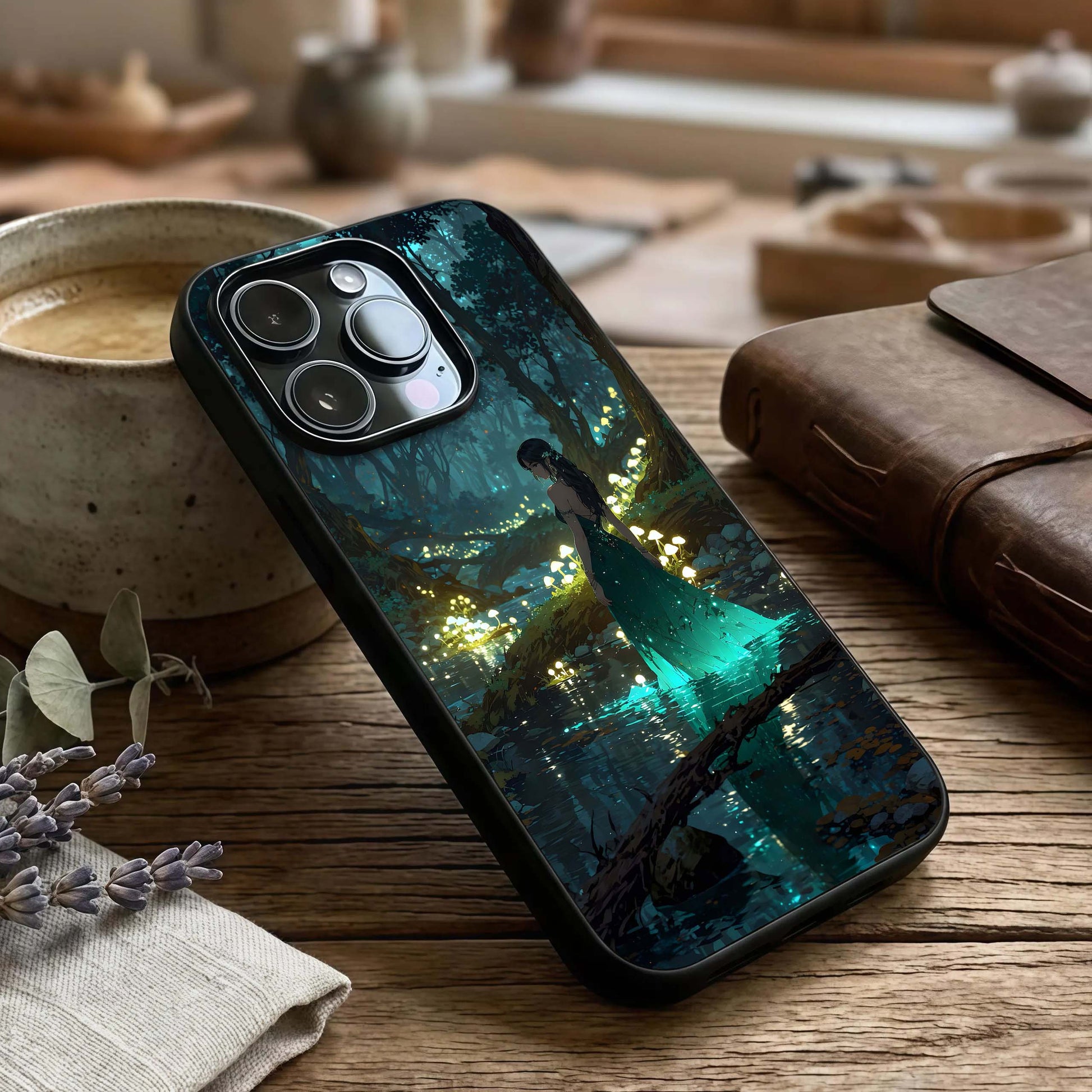 Enchanted Forest Glow Glass Case captured at a warm angle highlighting soft illumination, gloss, and edge clarity.