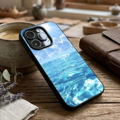 Endless Ocean Horizon Glass Case captured at a warm angle highlighting smooth gradients, gloss, and edge clarity.