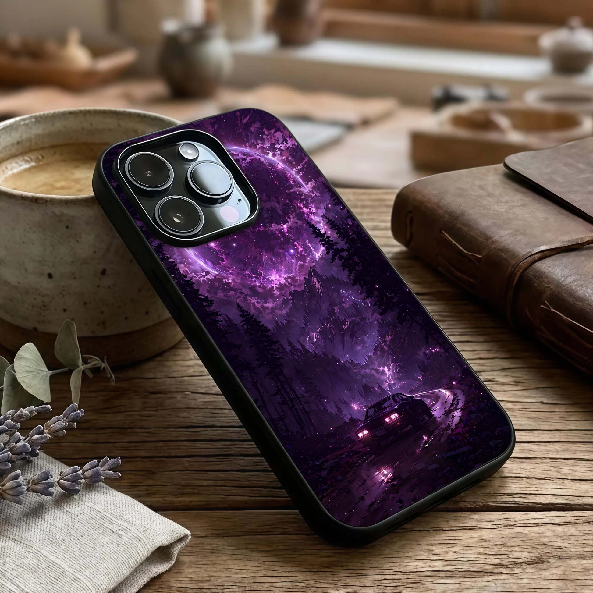 Eternal Cosmic Drive Glass Case captured at a warm angle highlighting dynamic paths, gloss, and edge clarity.