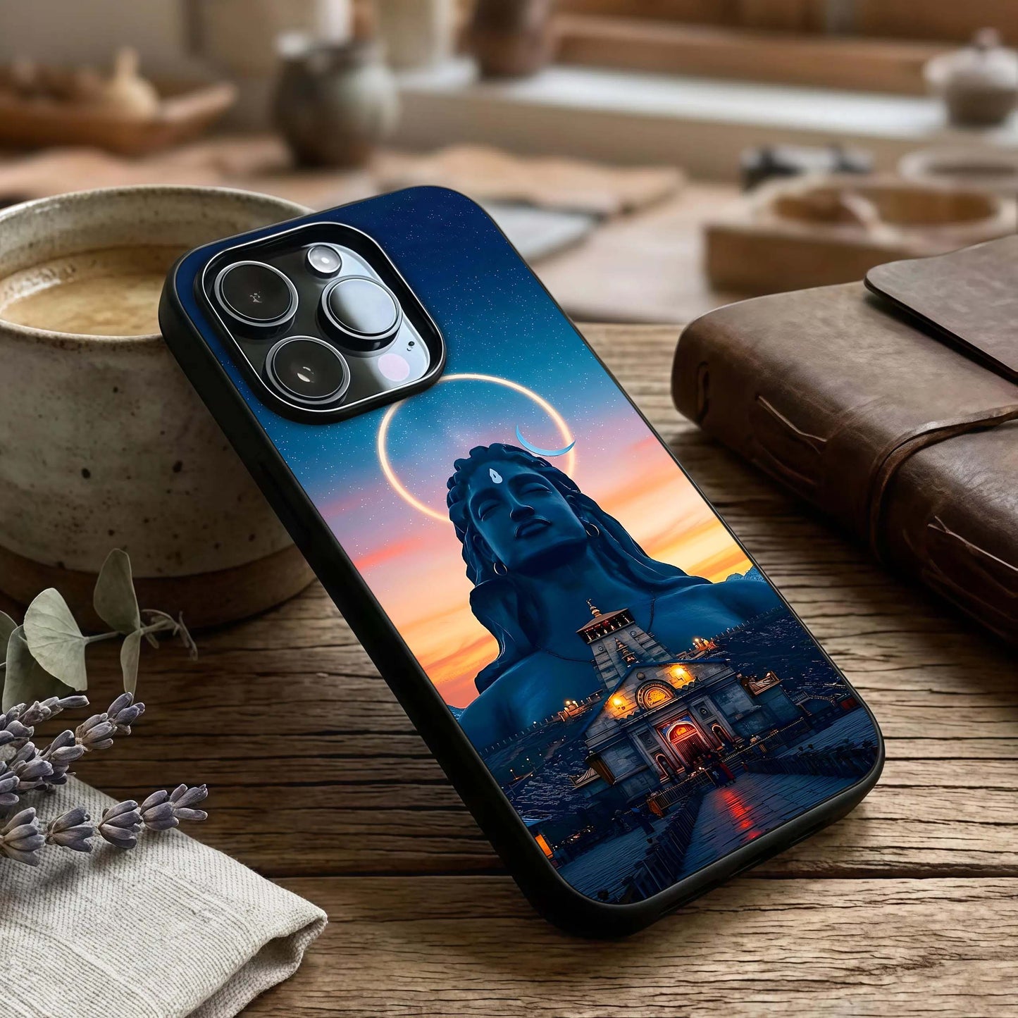 Eternal Shiva Aura Glass Case captured at a warm angle highlighting spiritual glow, gloss, and edge clarity.