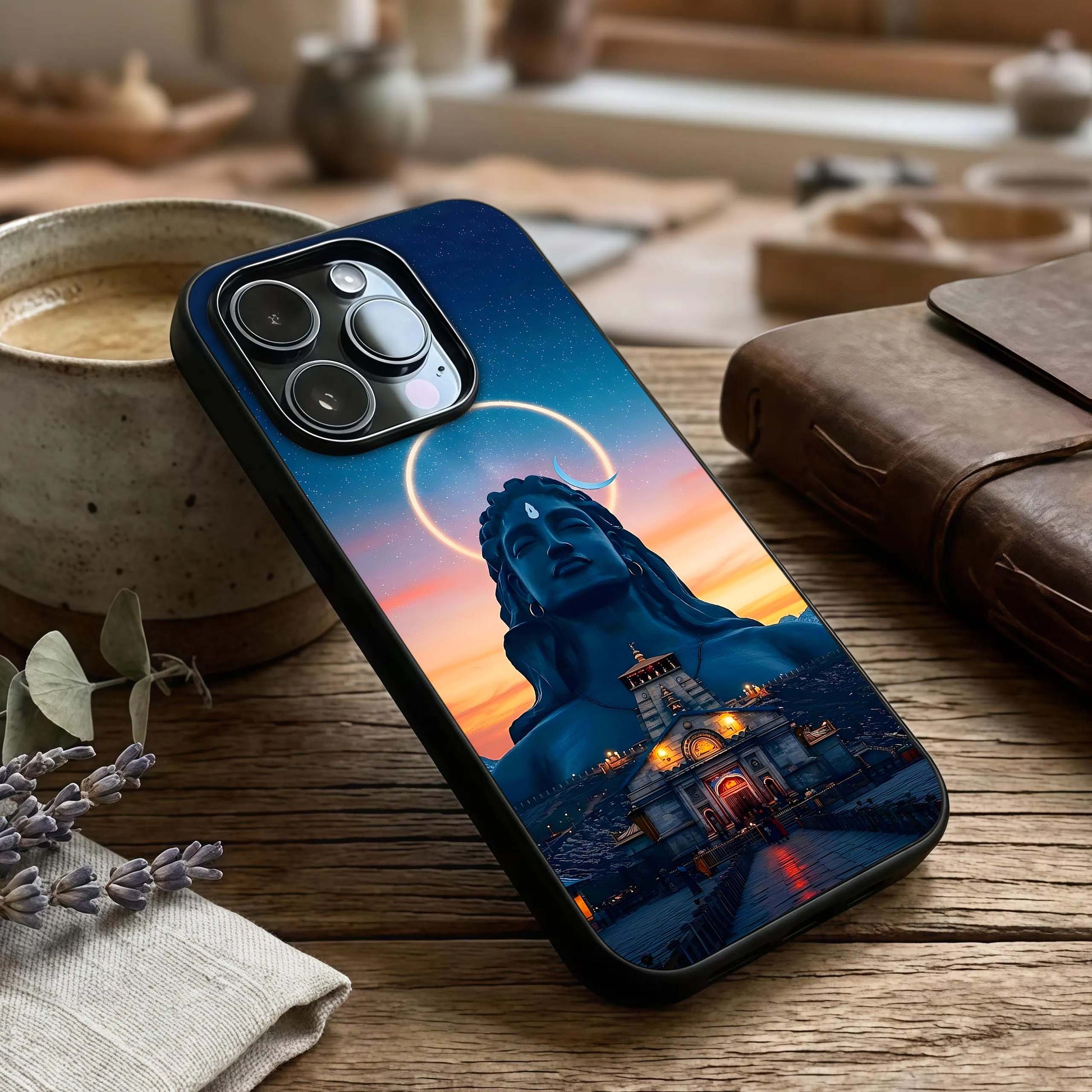 Eternal Shiva Aura Glass Case captured at a warm angle highlighting spiritual glow, gloss, and edge clarity.
