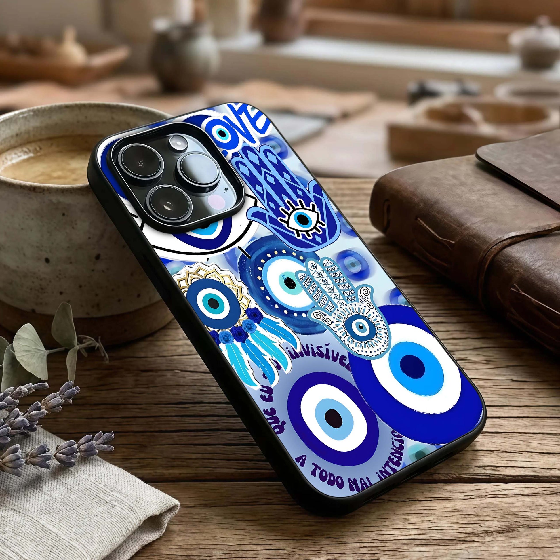 Evil Eyes Dream Glass Case captured at a warm angle highlighting vivid contrasts, gloss, and edge clarity.