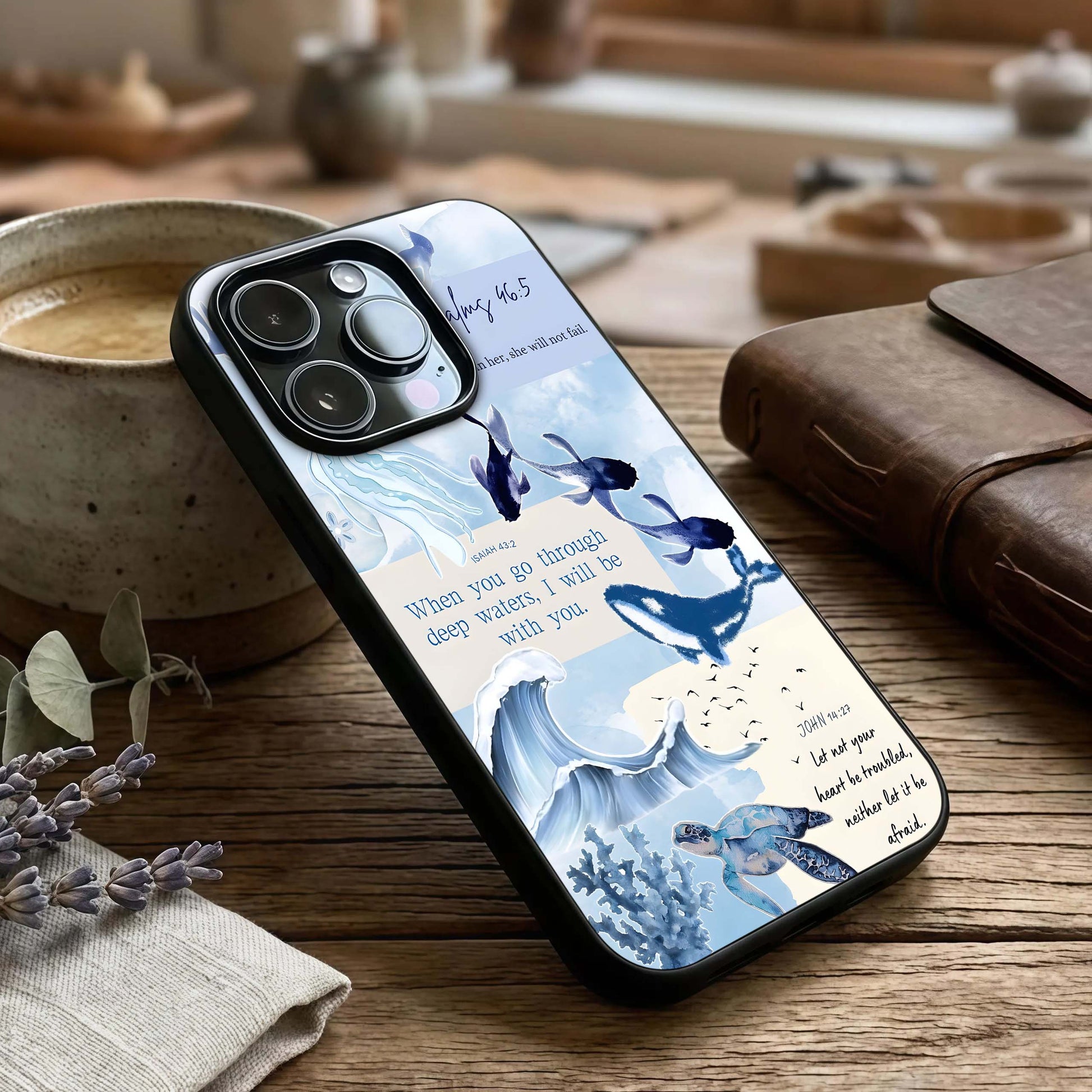 Faithful Ocean Promise Glass Case captured at a warm angle highlighting smooth waves, gloss, and edge clarity.