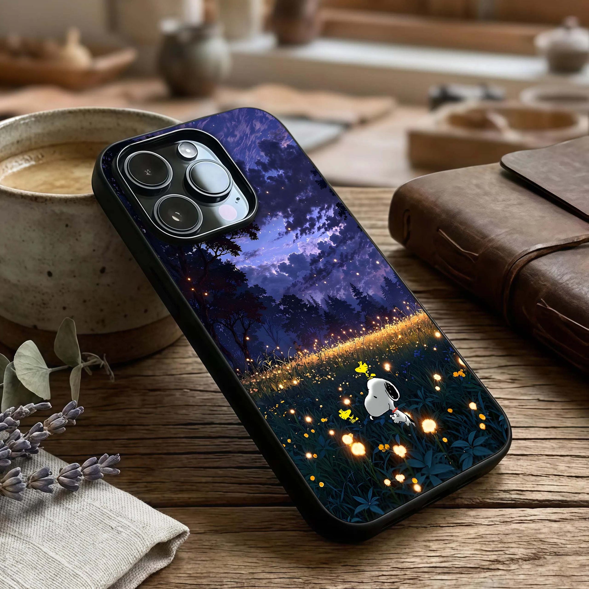 Firefly Meadow Magic Glass Case captured at a warm angle highlighting soft lights, gloss, and edge clarity.