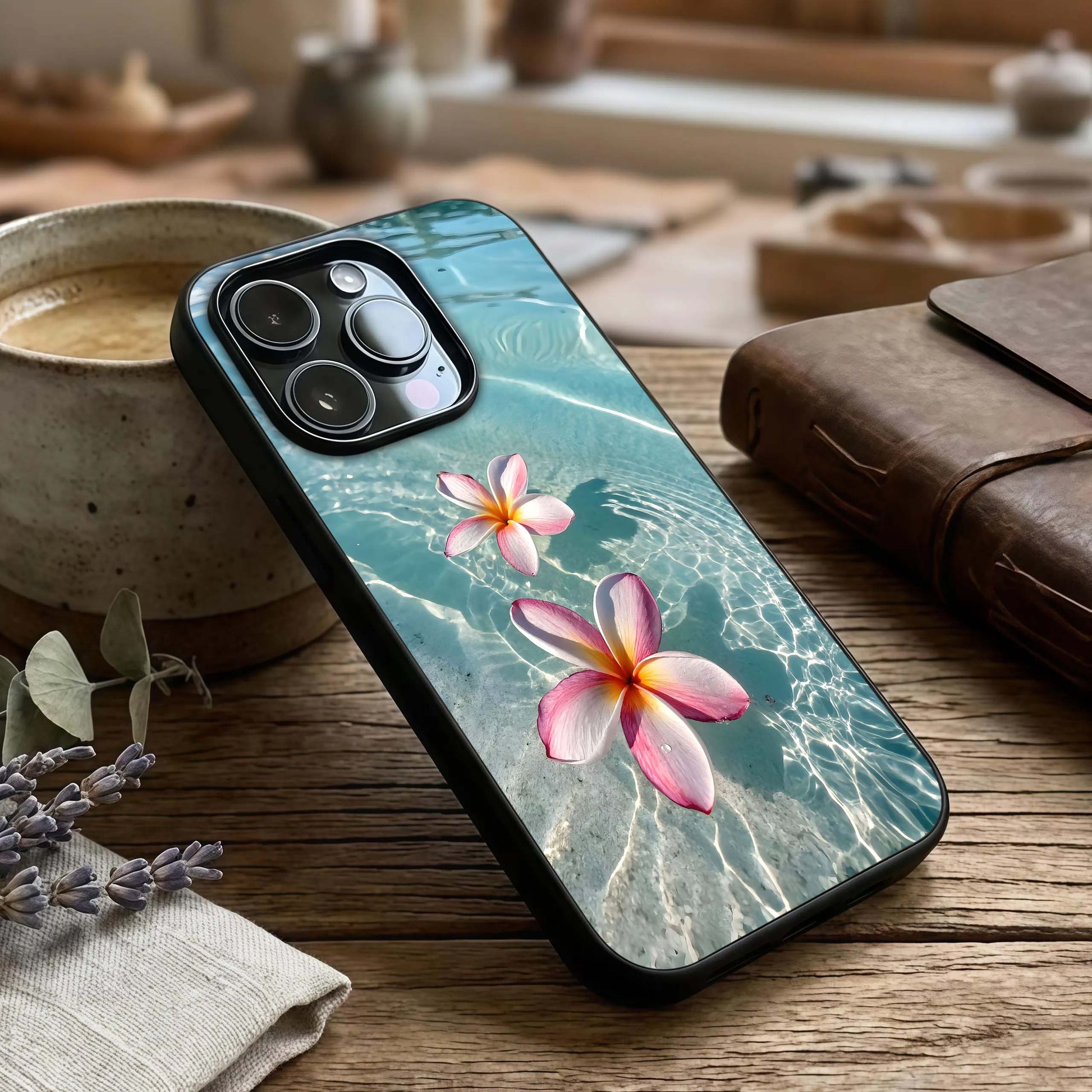 Floating Bloom Bliss Glass Case captured at a warm angle highlighting airy petals, gloss, and edge clarity.