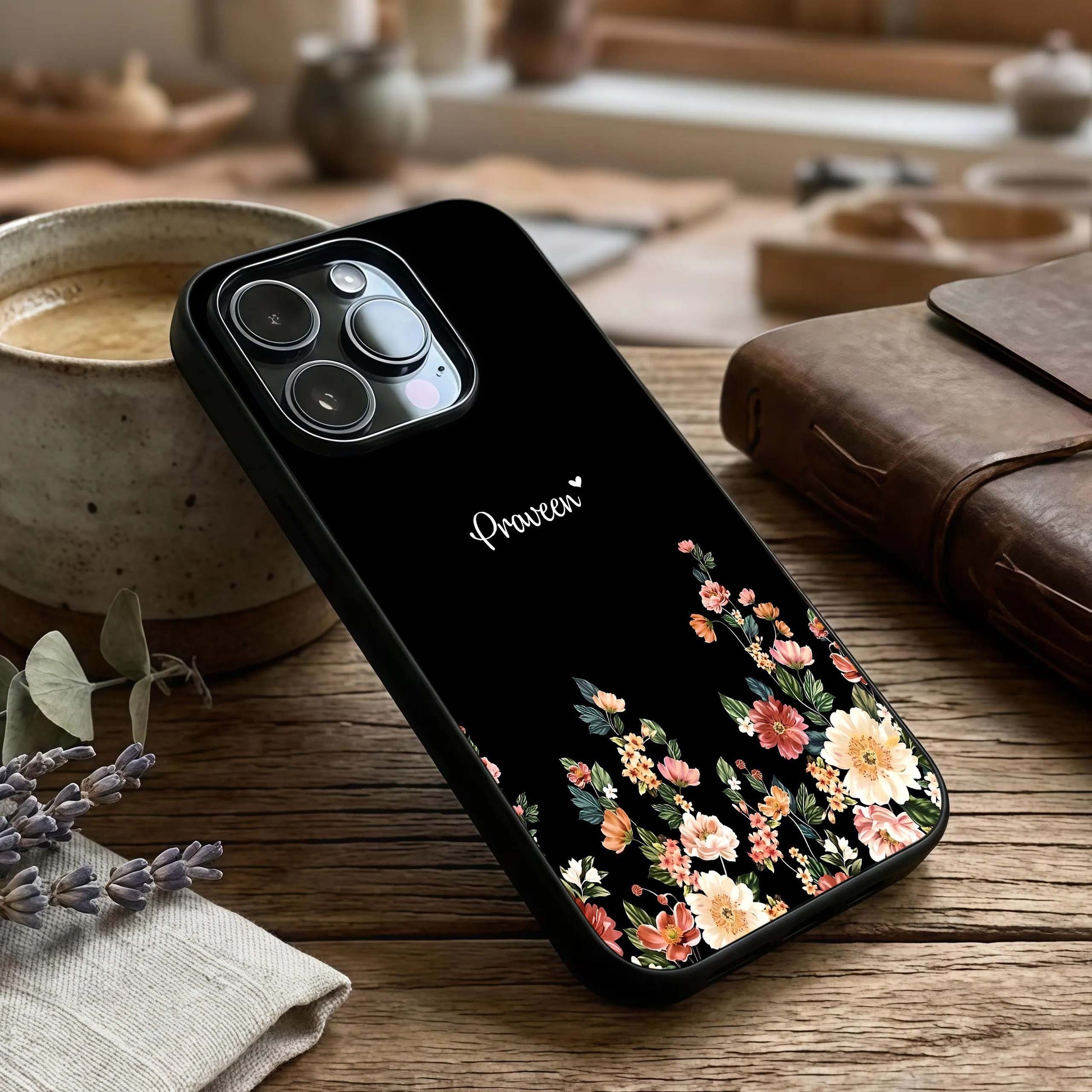 Floral Design Personalized Custom Name Glass Case captured at a warm angle highlighting detailed petals, gloss, and edge clarity.