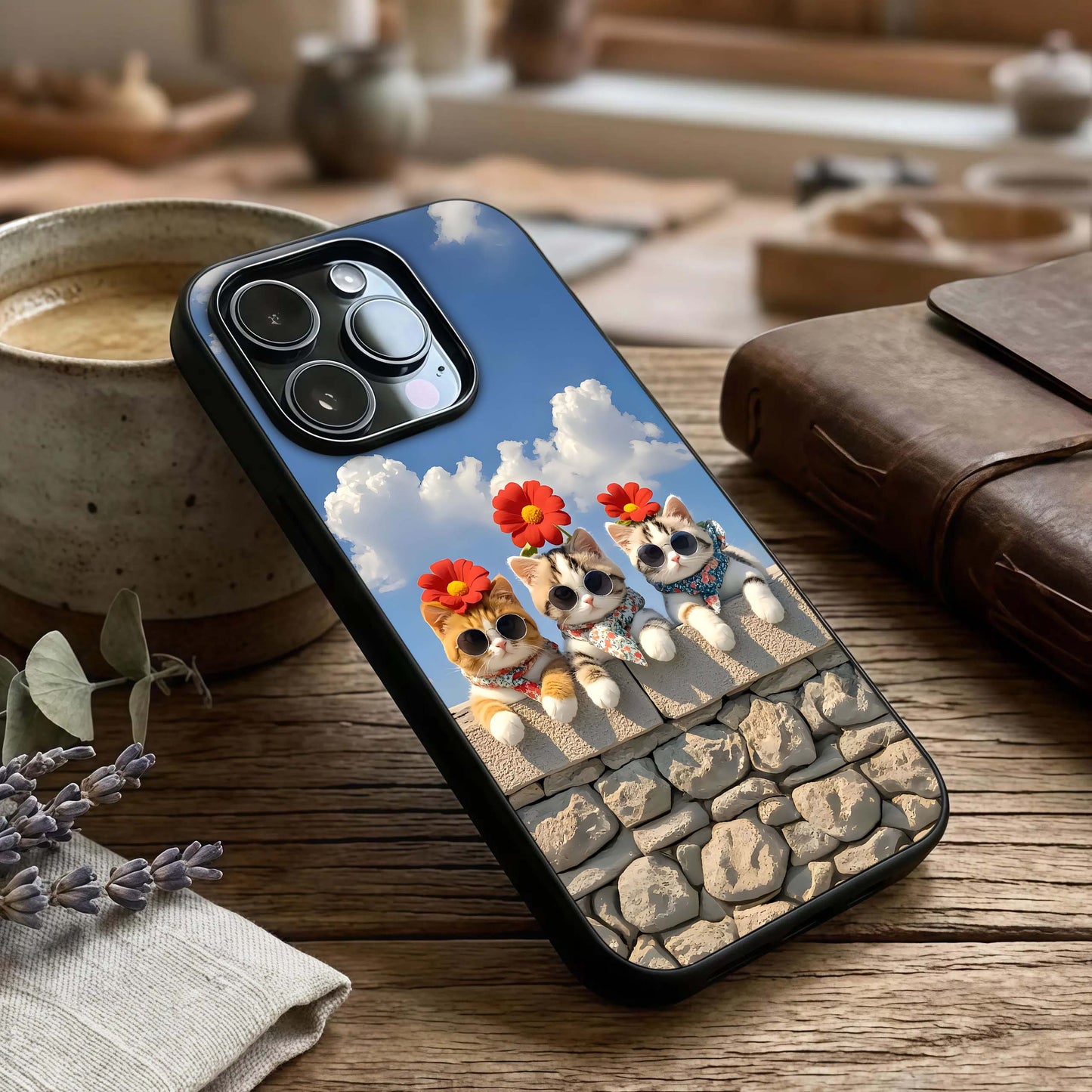 Floral Kitty Squad Glass Case captured at a warm angle highlighting playful details, gloss, and edge clarity.